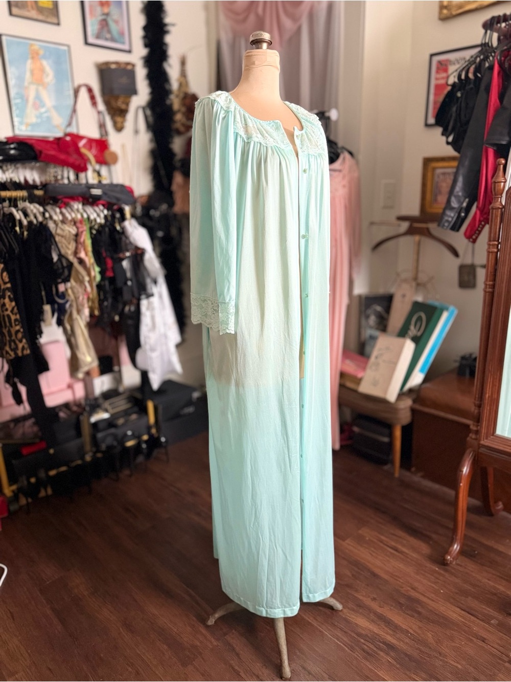 Vintage 1950’s Blue Long Button-Front Robe with Lace Trim